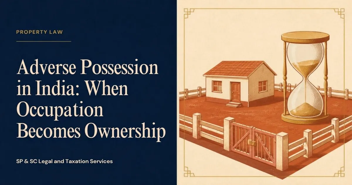 Cover: Adverse possession in India, fenced house plot with an hourglass