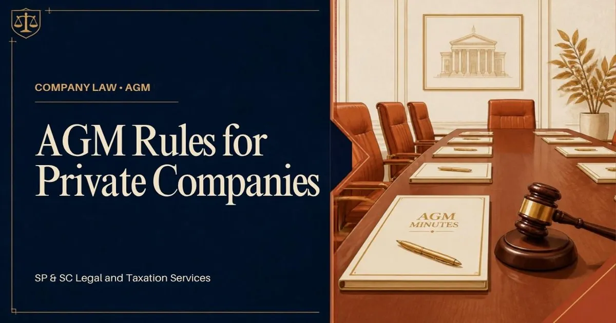 Cover for "Annual General Meeting Rules for Private Companies": illustration of a boardroom table, AGM minutes and a gavel