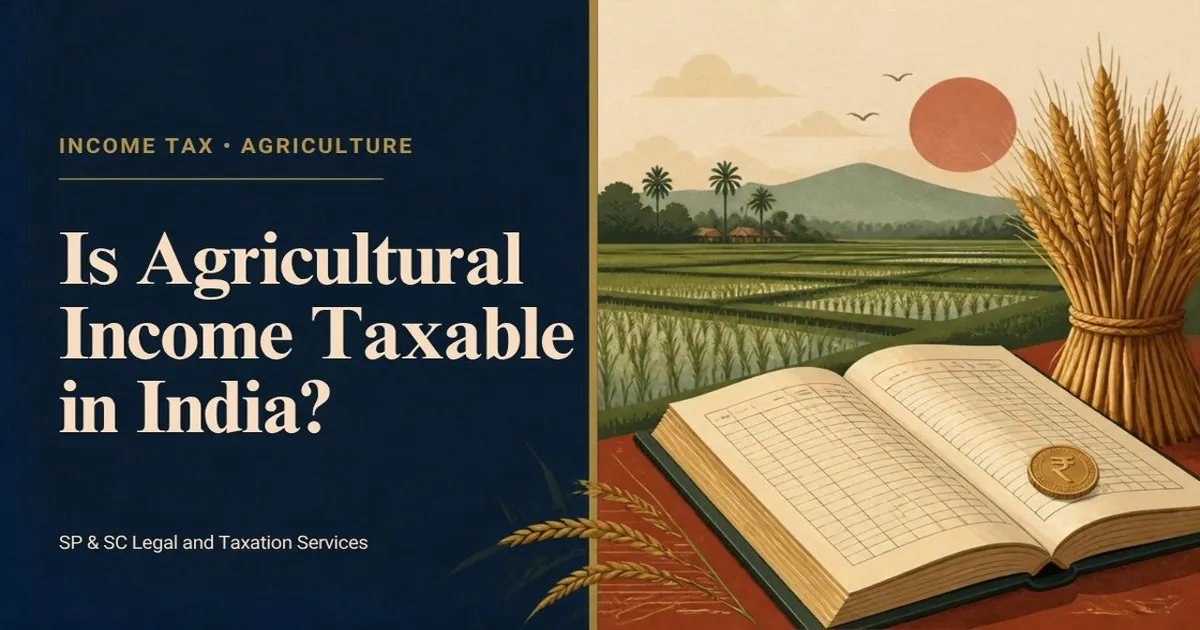 Cover for "Is Agricultural Income Taxable in India?": illustration of paddy fields, a wheat sheaf and a tax ledger with a rupee coin