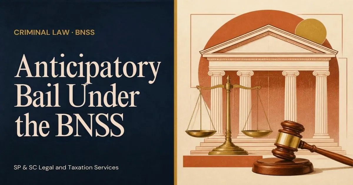Cover: Anticipatory Bail Under the BNSS, illustration of a courthouse, scales of justice and gavel
