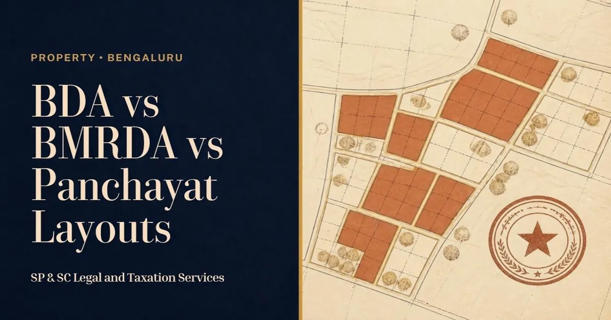 Cover: BDA vs BMRDA vs Panchayat layouts in Bengaluru, layout plan map with plots and approval stamp
