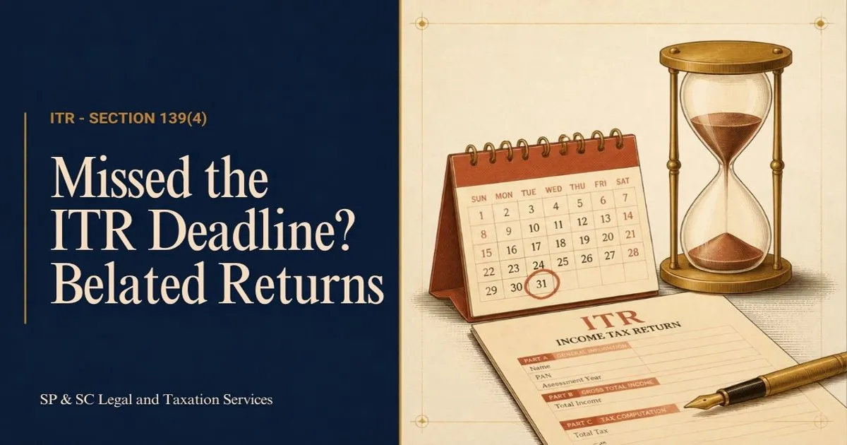 Cover for "Belated Return under Section 139(4)": illustration of an hourglass, a calendar with a circled date and an ITR form