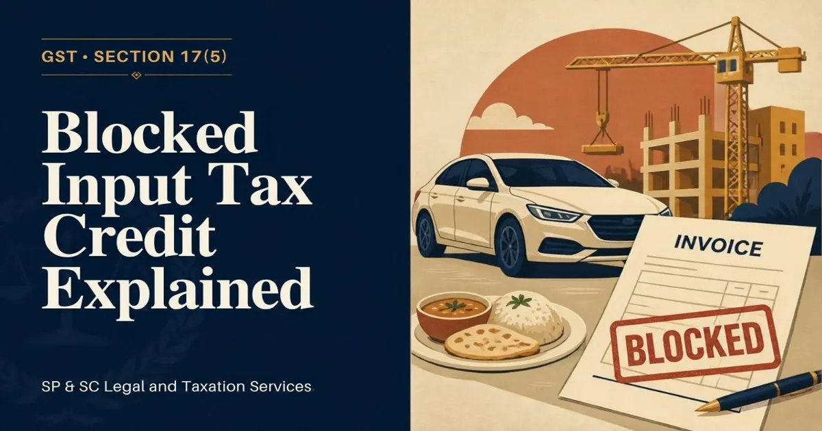 Cover for "Blocked Input Tax Credit under Section 17(5)": illustration of a car, a meal and a construction crane beside an invoice stamped blocked