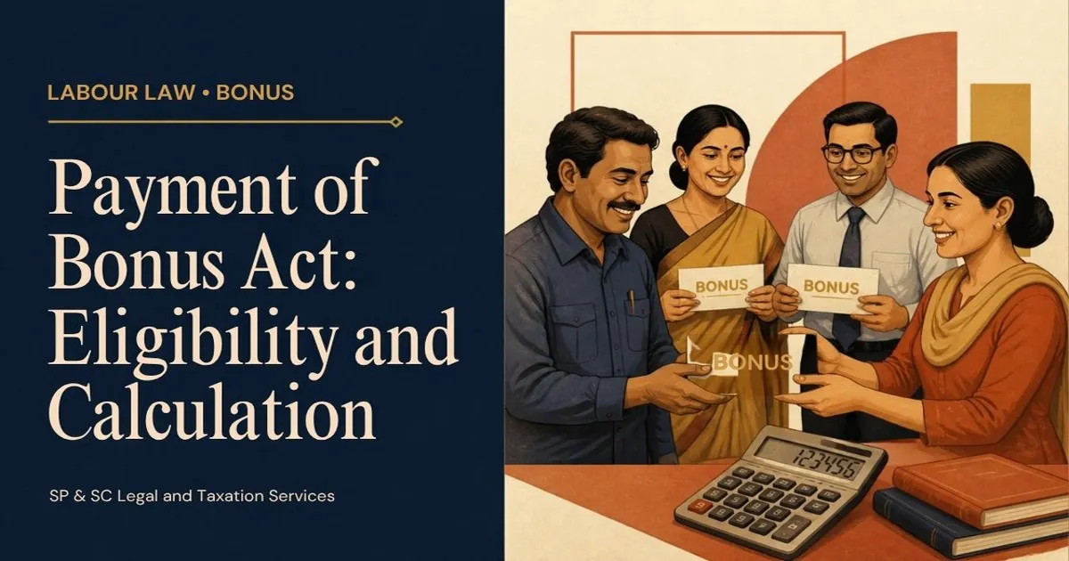 Cover: Payment of Bonus Act eligibility and calculation, employees receiving bonus envelopes with a calculator