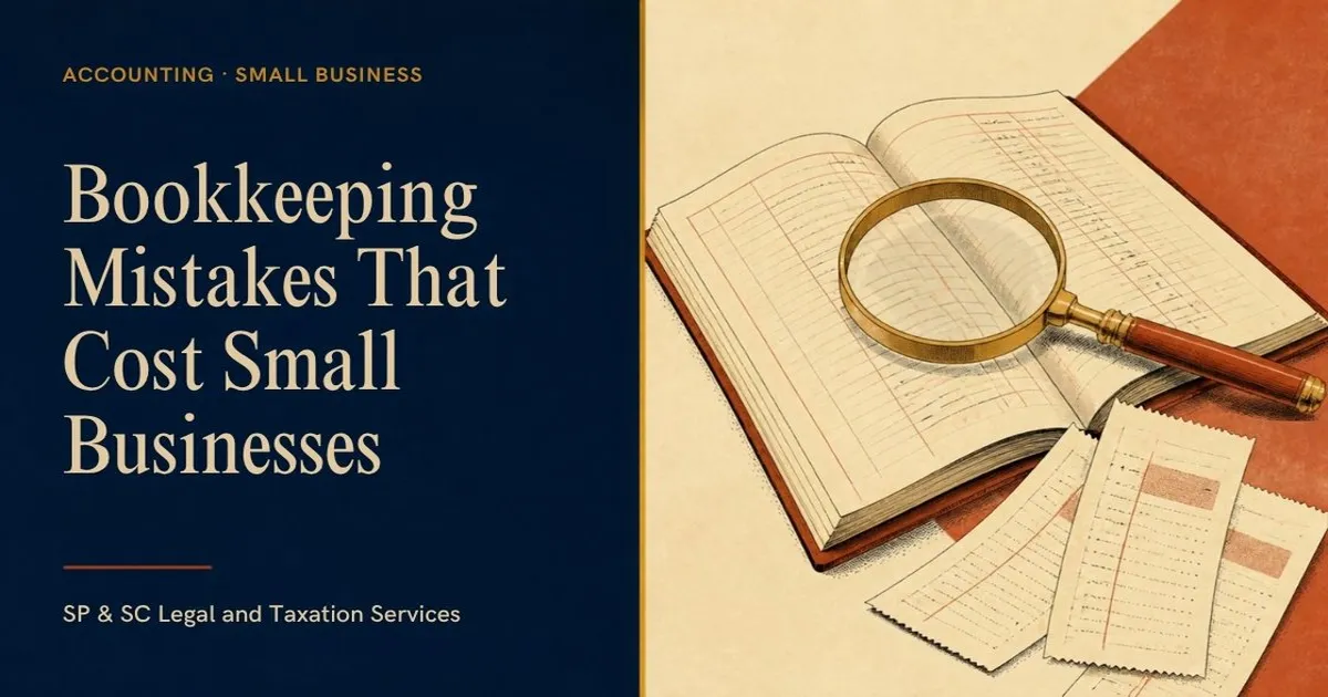 Cover: Bookkeeping mistakes that cost small businesses, open ledger with magnifying glass and receipts