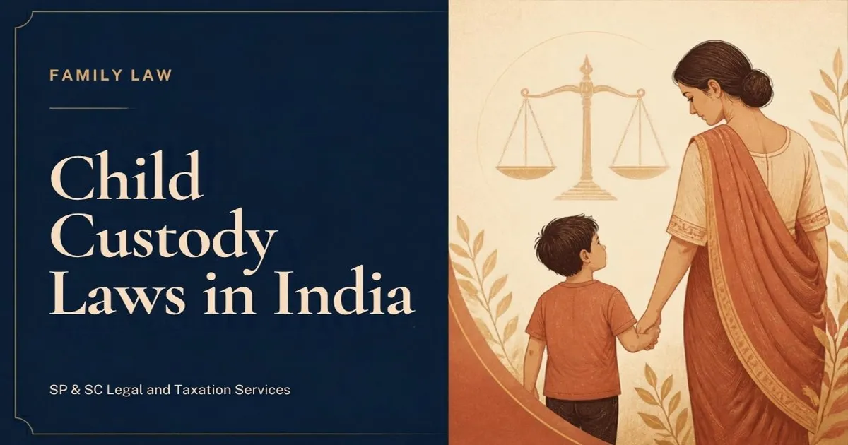 Cover: Child custody laws in India, mother holding a child's hand beside scales of justice