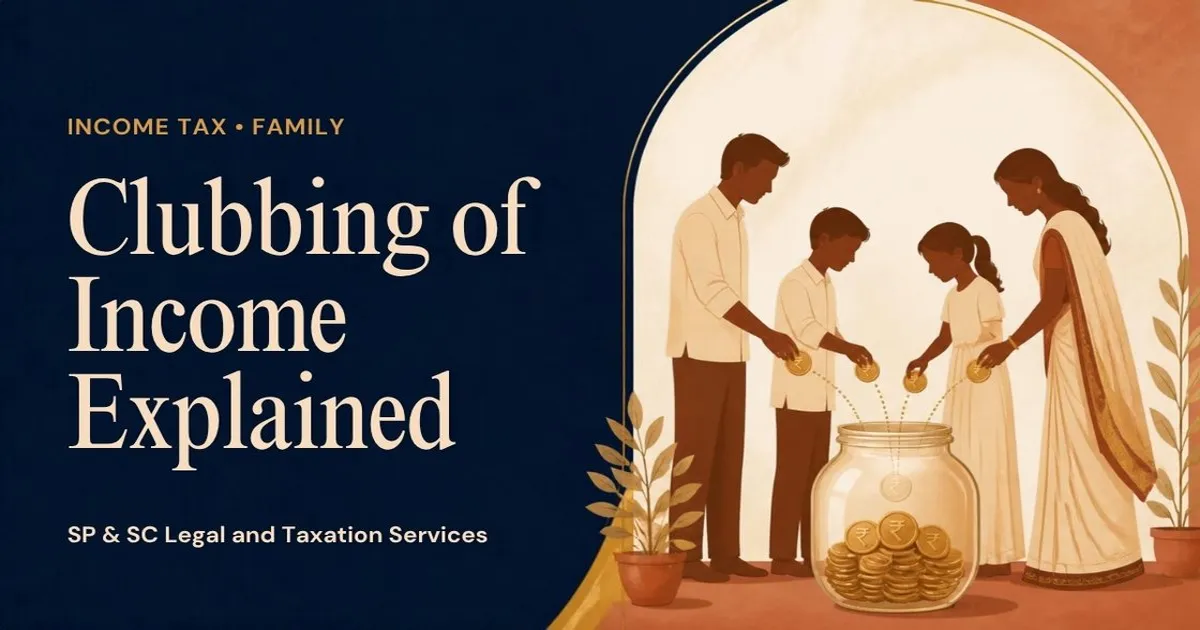 Cover for "Clubbing of Income": illustration of a family each adding coins into one shared jar