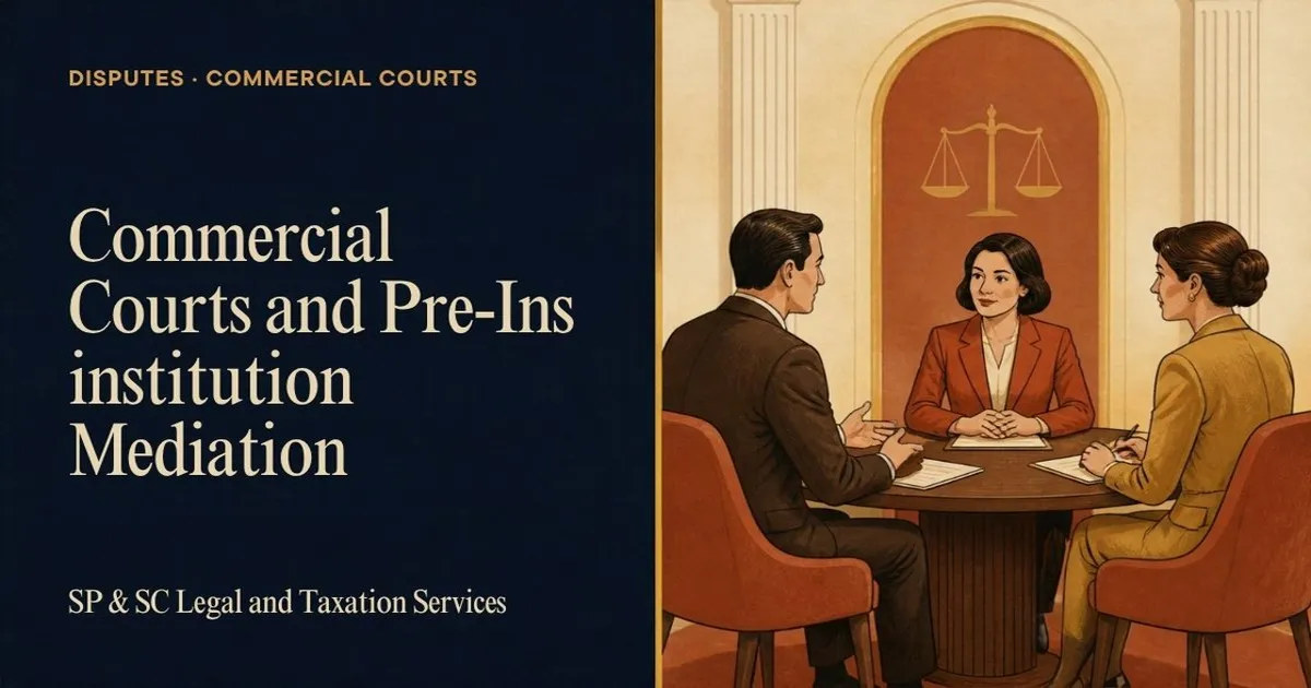 Cover: Commercial Courts and pre-institution mediation, business people at a mediation table