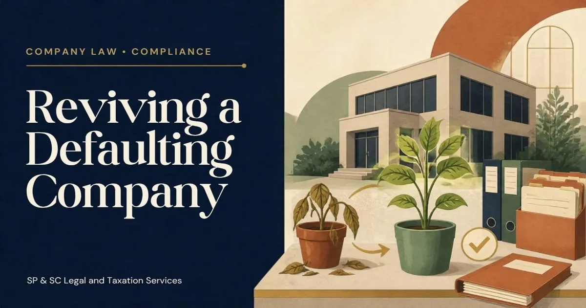 Cover for "Reviving a Defaulting Company": illustration of an office building, a wilted plant turning healthy and filing folders