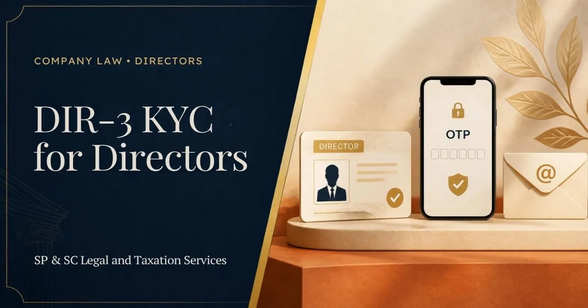 Cover for "DIR-3 KYC": illustration of a director ID card with a tick, a phone showing an OTP and an email envelope