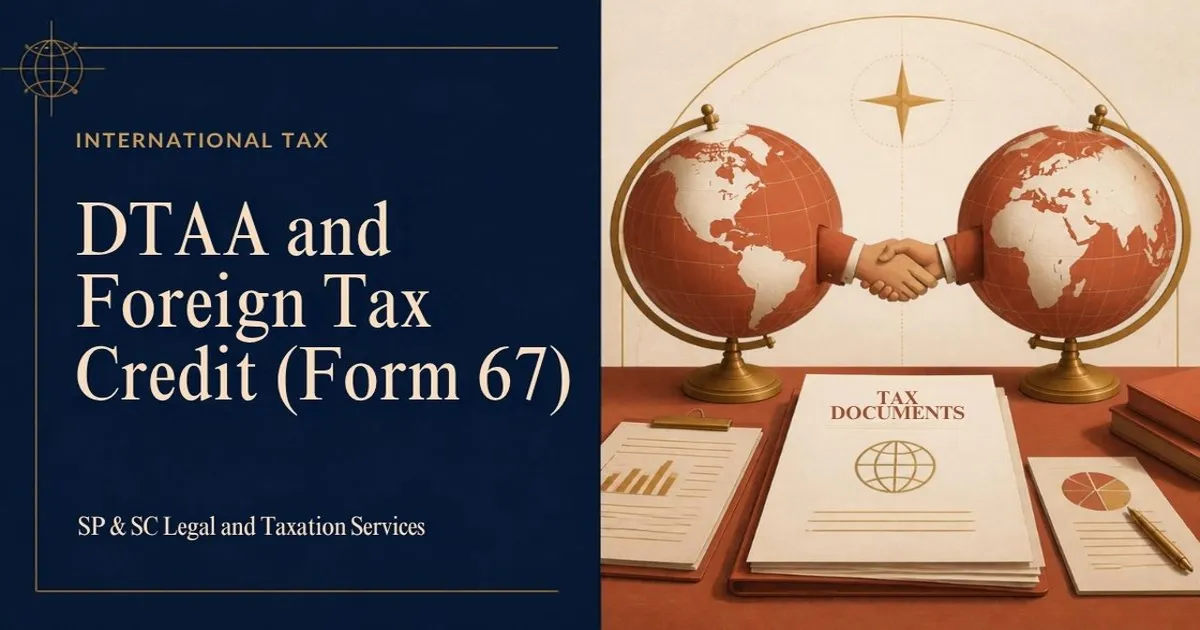 Cover: DTAA and foreign tax credit Form 67, two globes shaking hands over tax documents