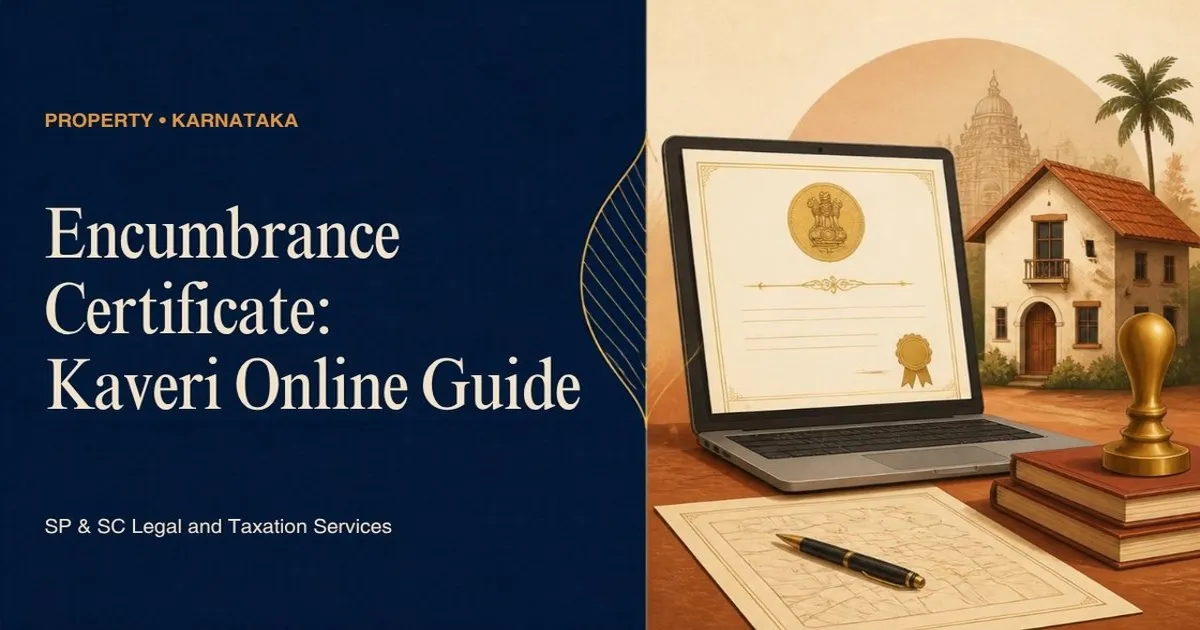 Cover: Encumbrance certificate in Karnataka via Kaveri Online, certificate on a laptop beside a house