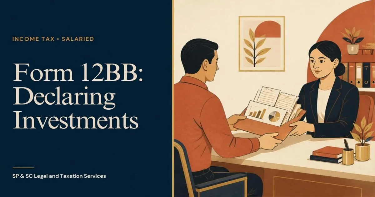 Cover: Form 12BB investment declaration, employee handing proofs to HR