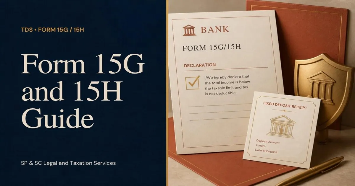 Cover for "Form 15G and 15H": illustration of a bank declaration form with a tick, a fixed deposit receipt and a shield