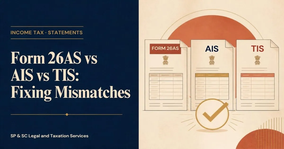 Cover: Form 26AS vs AIS vs TIS, three tax statements side by side with a checkmark