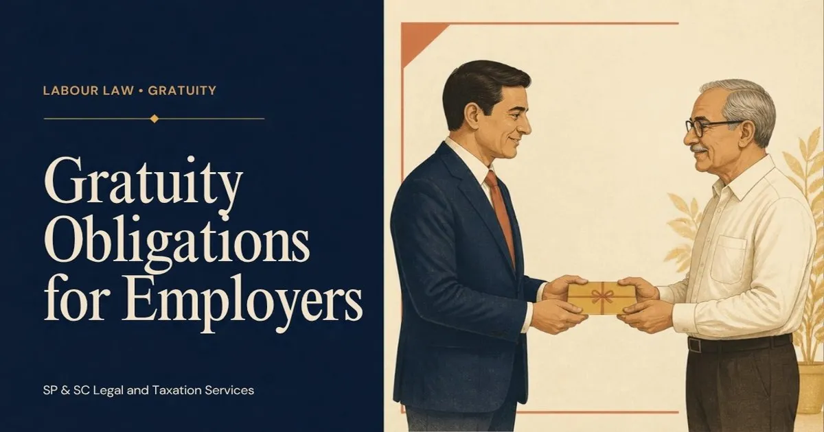 Cover: Gratuity obligations for employers, employer handing a retiring employee a gift
