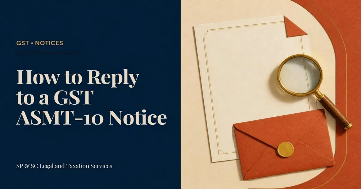 Cover for "ASMT-10 Notice: How to Reply to GST Return Discrepancies": illustration of an official notice, a magnifying glass and a sealed reply envelope