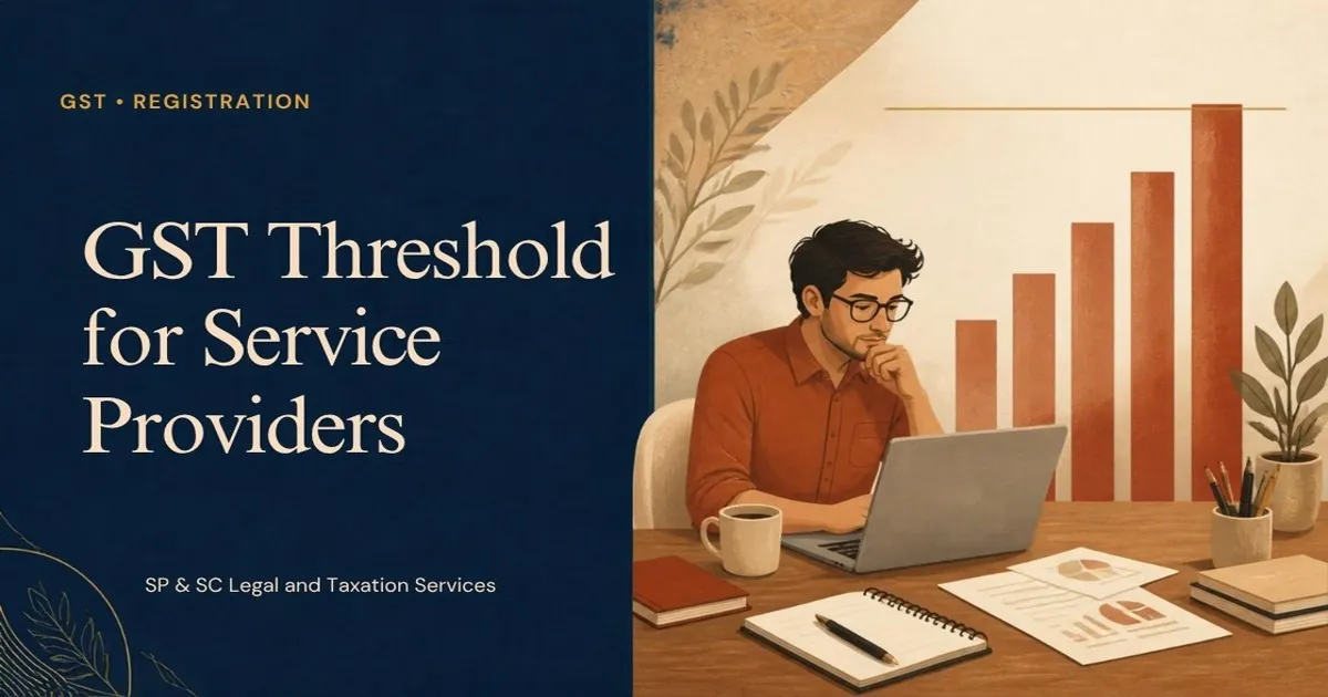 Cover: GST threshold for service providers, freelancer beside a turnover bar reaching the limit