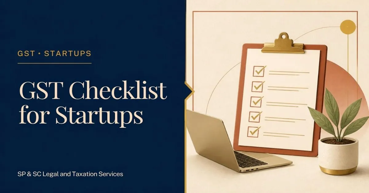 Cover for "GST Checklist for Startups": illustration of a clipboard checklist with ticks, a laptop and a plant
