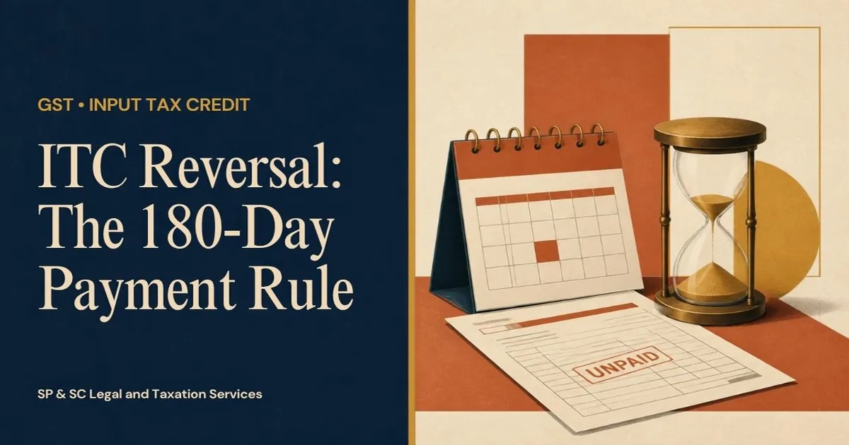 Cover: ITC reversal under the 180-day payment rule, calendar, hourglass and unpaid invoice