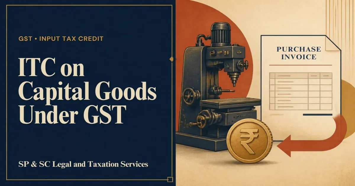 Cover for "ITC on Capital Goods Under GST": illustration of an industrial machine, a purchase invoice and a credit arrow with a rupee coin