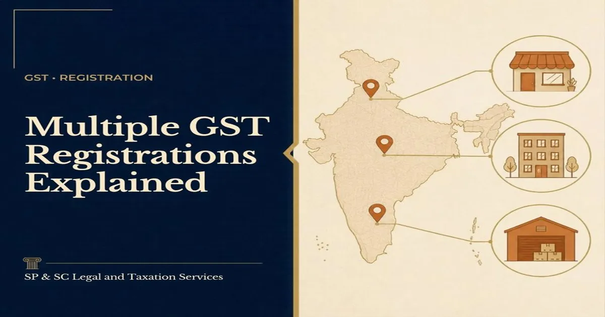 Cover for "Multiple GST Registrations": illustration of an India map with pins linking a shop, an office and a warehouse