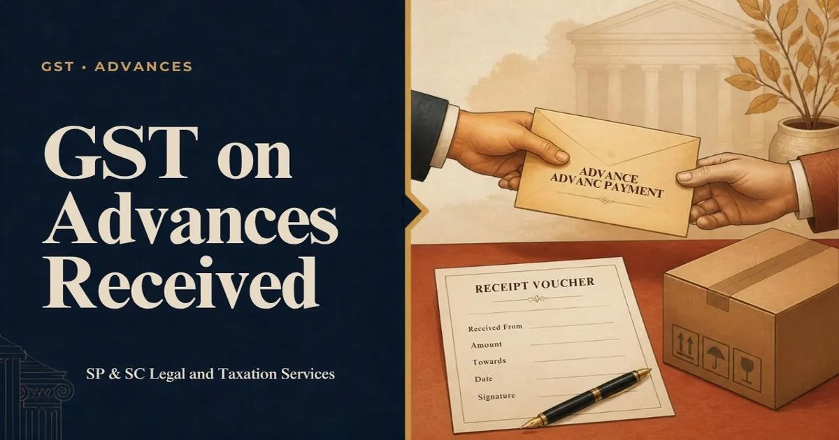 Cover for "GST on Advances Received": illustration of an advance payment envelope changing hands, a receipt voucher and a parcel