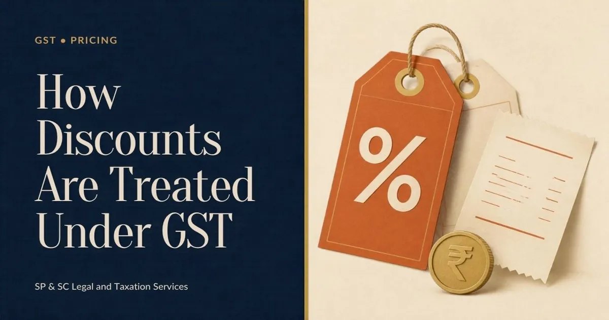 Cover for "How Discounts Are Treated Under GST": illustration of a percentage price tag, a receipt and a rupee coin