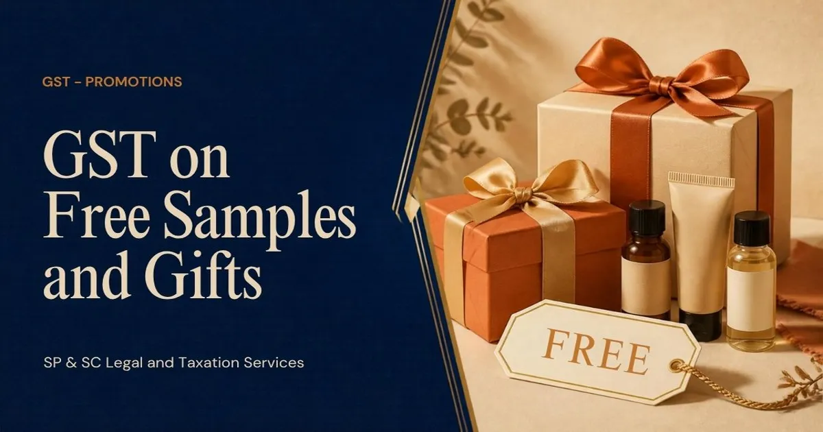 Cover for "GST on Free Samples and Gifts": illustration of wrapped gift boxes, product samples and a FREE tag