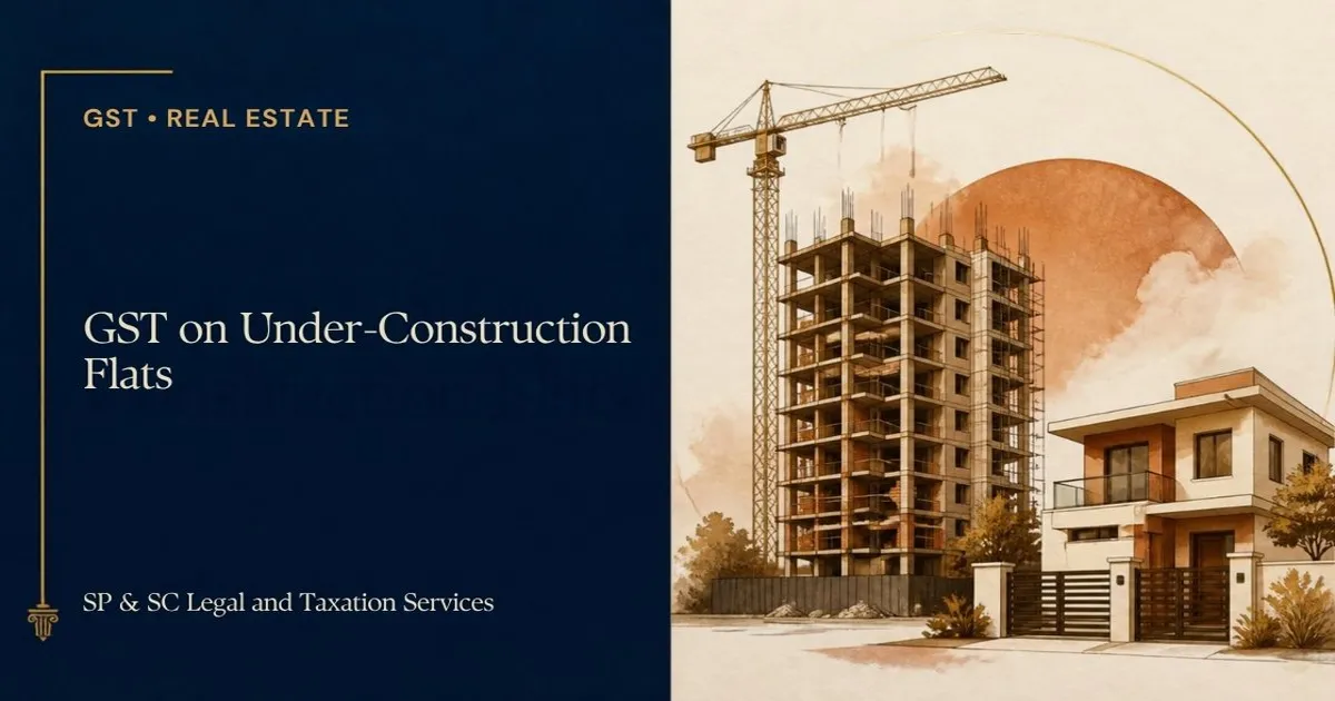 Cover: GST on under-construction flats, apartment tower with crane beside a finished home