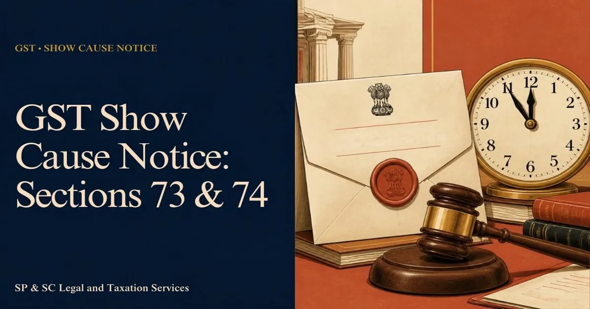 Cover for "GST Show Cause Notice Under Section 73 and 74": illustration of a sealed official envelope, a gavel and a deadline clock