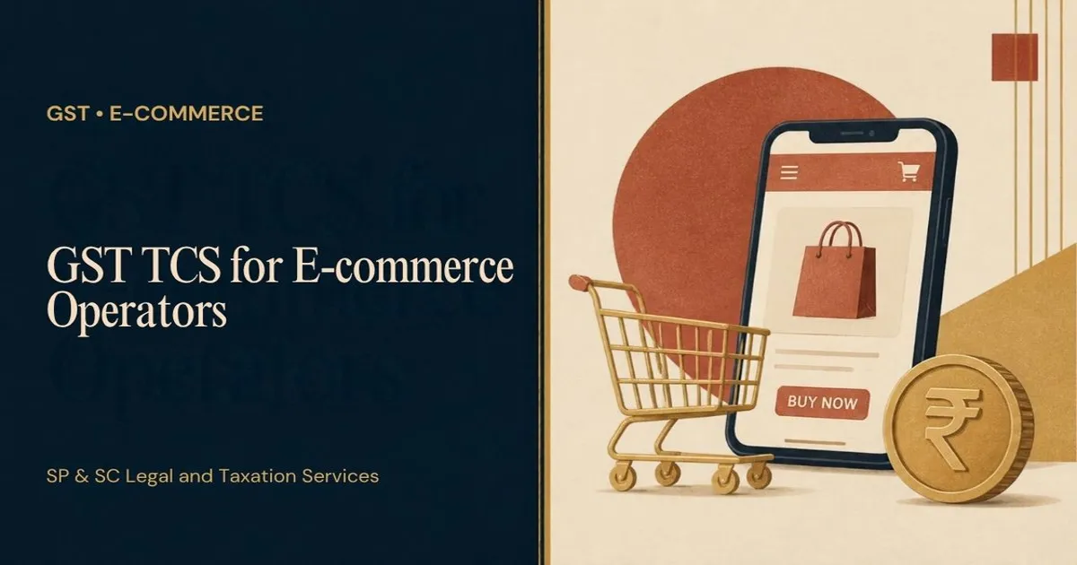 Cover for "GST TCS for E-commerce Operators": illustration of a smartphone online shop, a shopping cart and a rupee coin