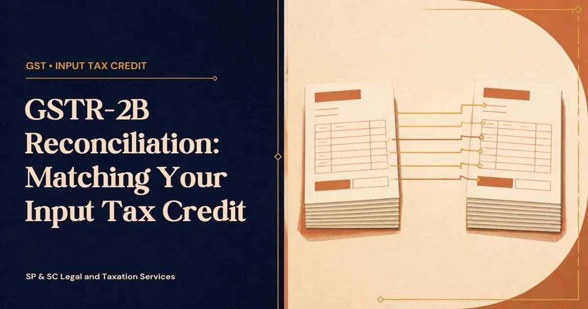 Cover: GSTR-2B reconciliation of input tax credit, two invoice stacks being matched