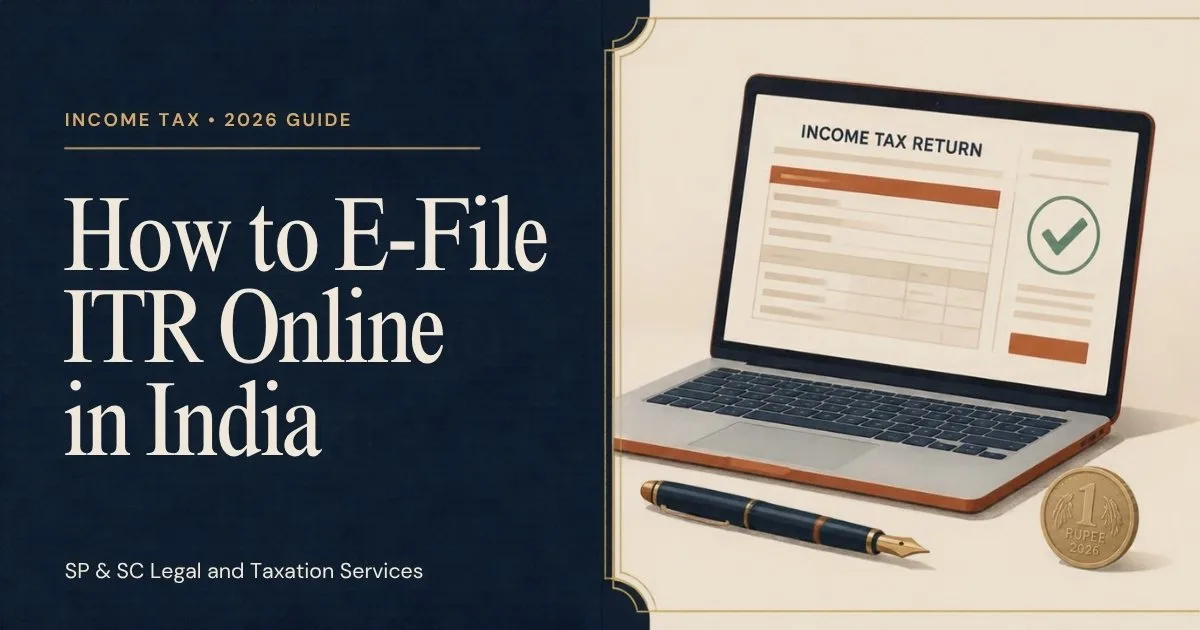 Cover for "How to E-File ITR Online in India": illustration of a laptop showing an income tax return form with a green tick, a fountain pen and a one-rupee coin
