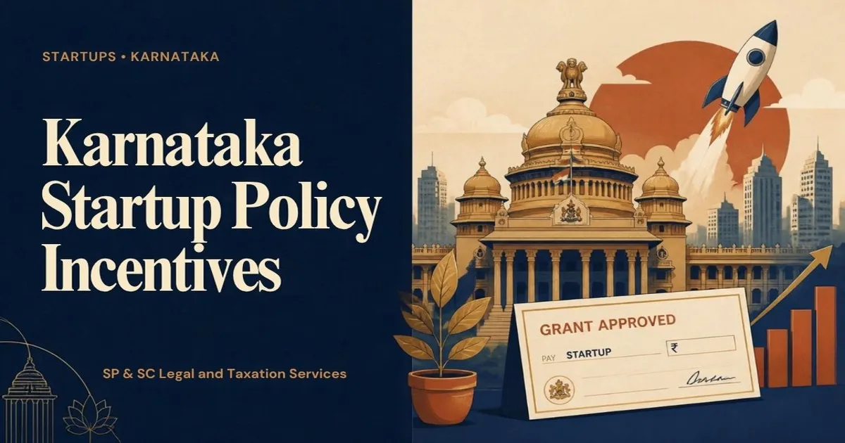 Cover for "Karnataka Startup Policy Incentives": illustration of Vidhana Soudha and the Bengaluru skyline with a rocket and a grant cheque