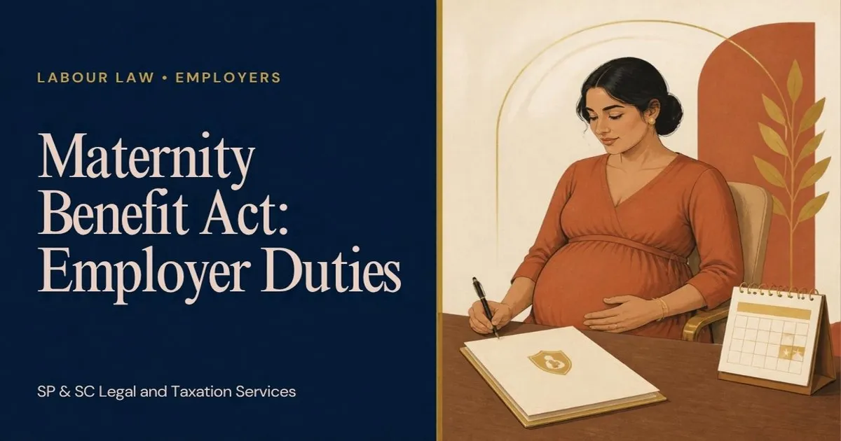 Cover for "Maternity Benefit Act: Employer Obligations": illustration of an expectant mother at an office desk with a calendar