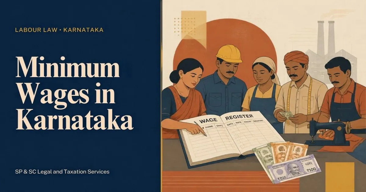 Cover for "Minimum Wages in Karnataka": illustration of workers around a wage register with rupee notes