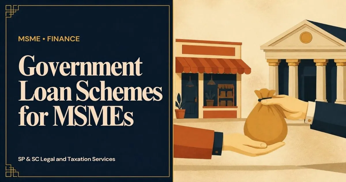 Cover for "Government Loan Schemes for MSMEs": illustration of a shopfront, a bank building and a hand passing a money bag