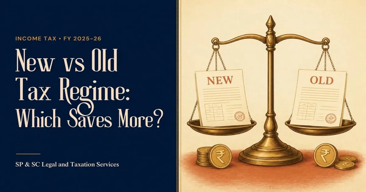 Cover for "New vs Old Tax Regime FY 2025-26": illustration of a balance scale weighing new and old regime tax documents with rupee coins