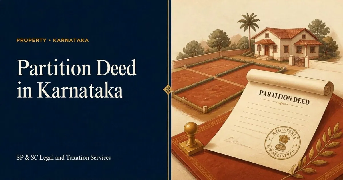 Cover for "Partition Deed in Karnataka": illustration of a family home on divided land plots and a registered partition deed scroll