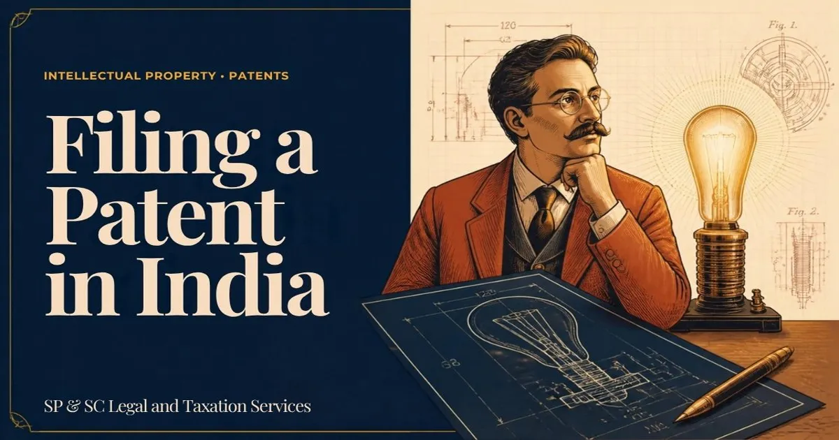Cover: Filing a patent in India, inventor with a lightbulb and blueprint