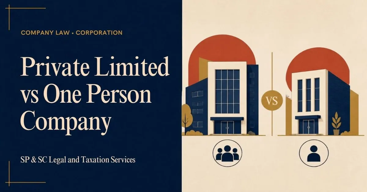 Cover for "Private Limited vs One Person Company": illustration of two office buildings, one with a group icon and one with a single person icon