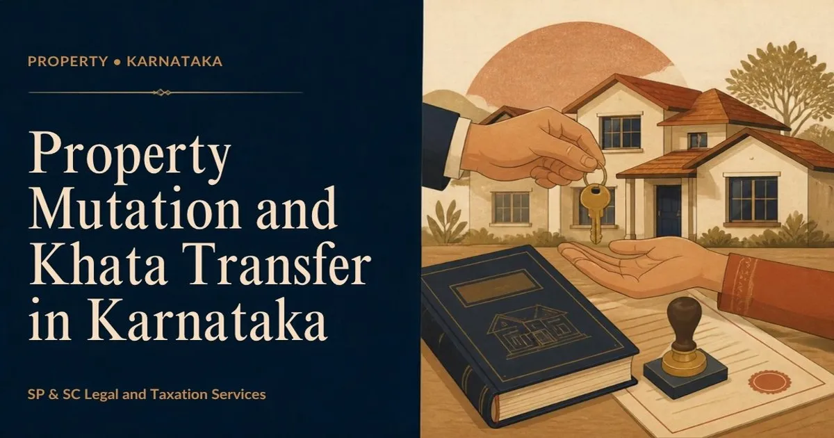 Cover for "Property Mutation in Karnataka": illustration of house keys being handed over, a khata register and an official stamp