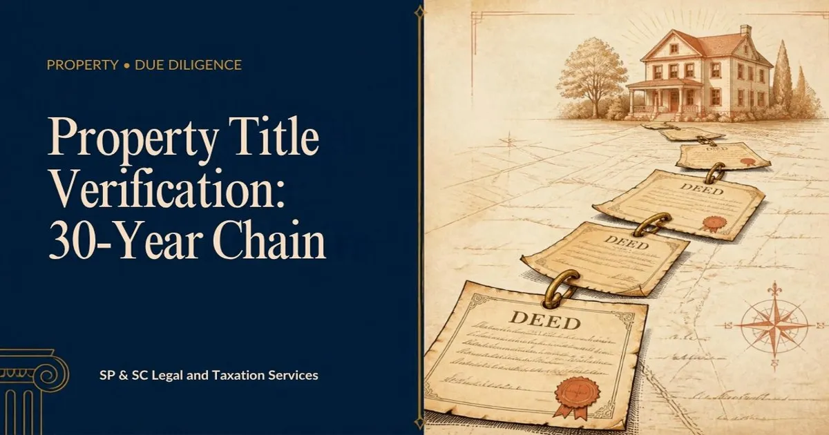 Cover: Property title verification over a 30-year chain, linked old deeds leading to a house