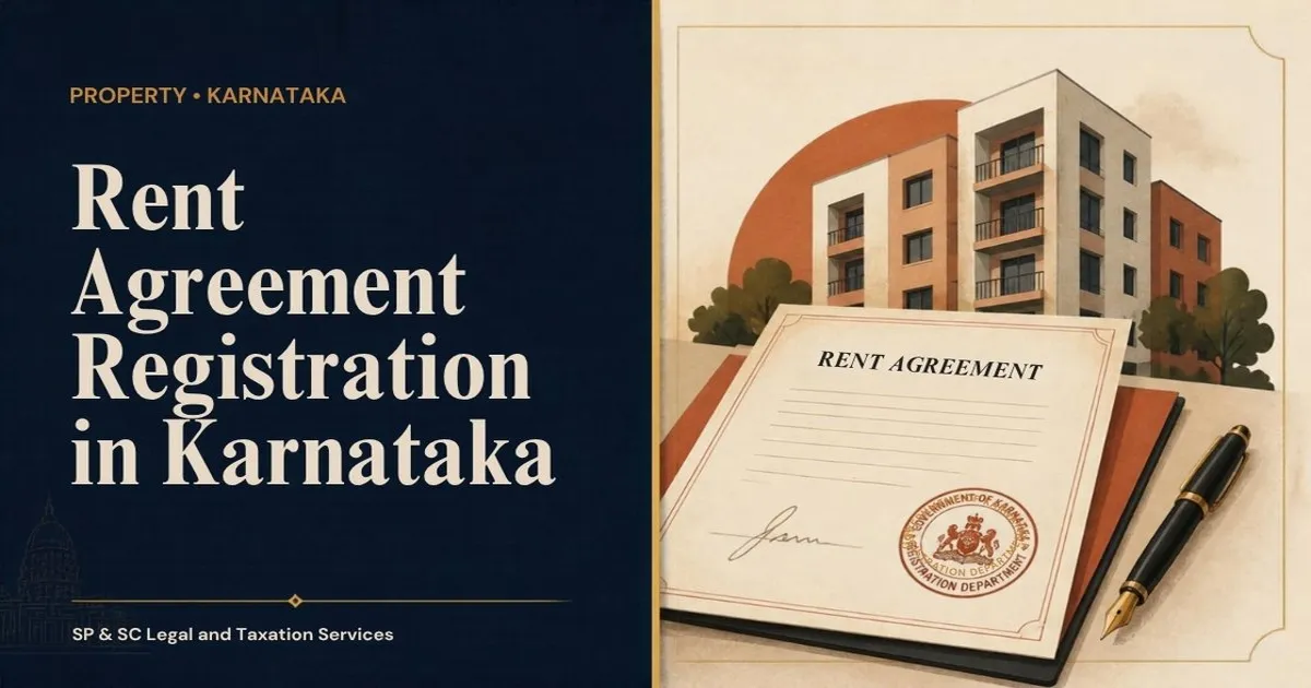 Cover for "Rent Agreement Registration in Karnataka": illustration of an apartment building, a stamped rent agreement and a fountain pen