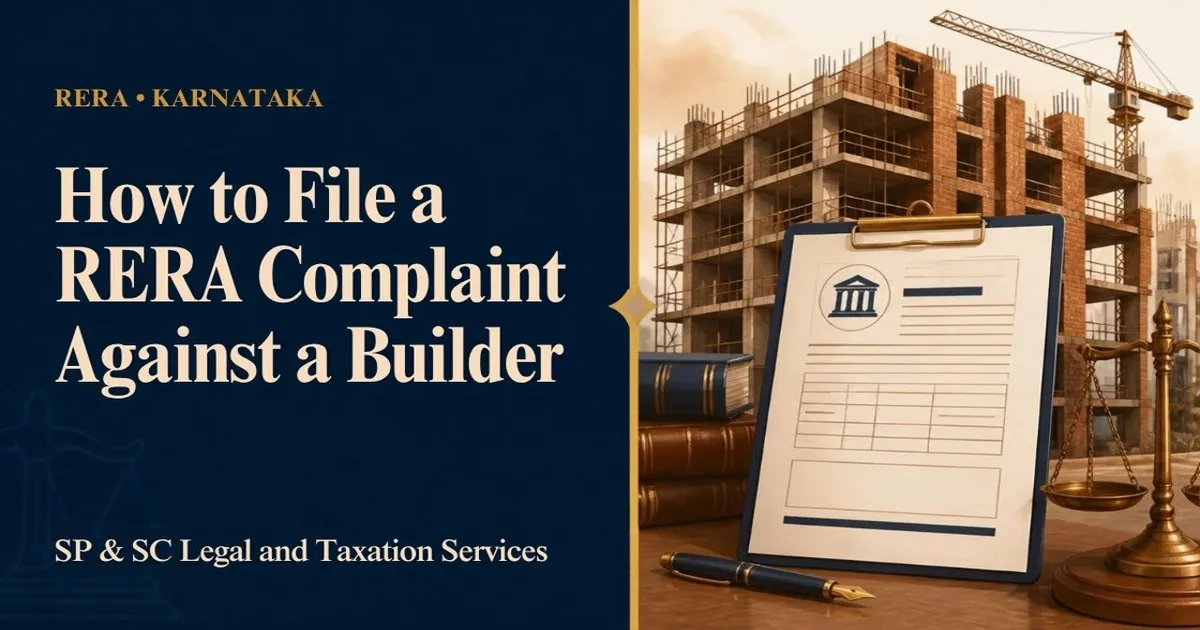 Cover: How to File a RERA Complaint in Karnataka, illustration of an apartment under construction with a complaint form
