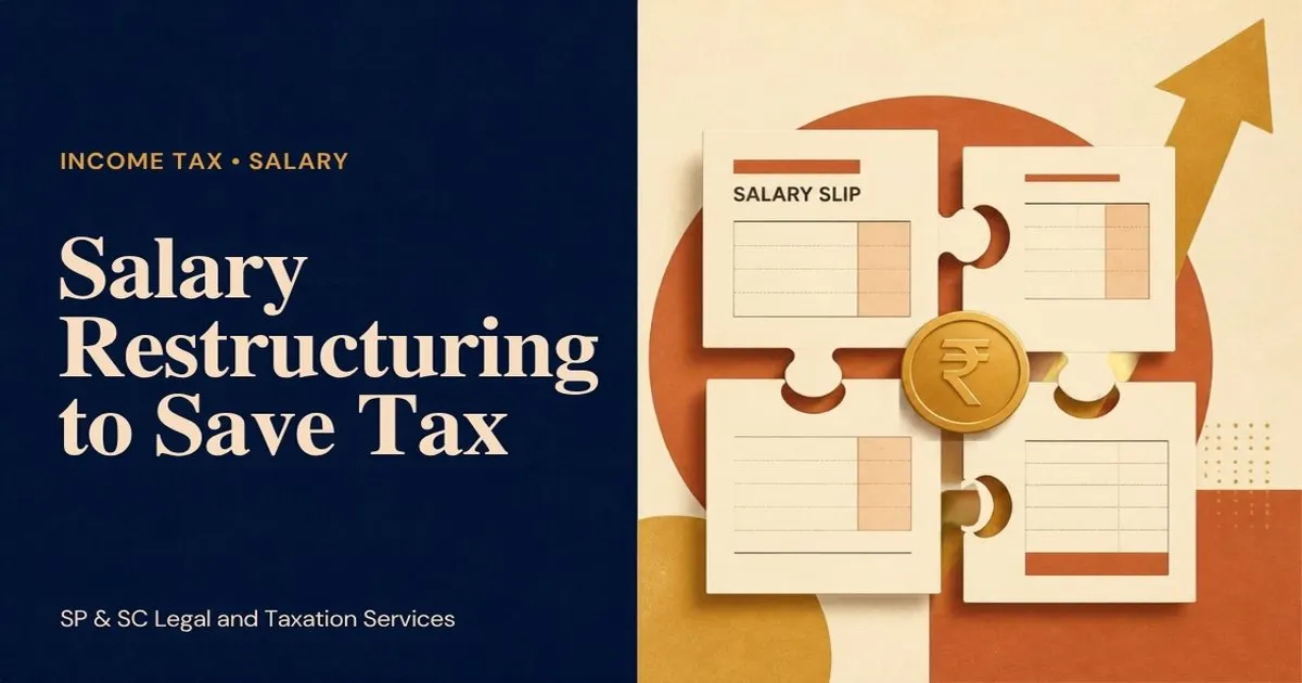 Cover for "Salary Restructuring to Save Tax": illustration of salary slip puzzle pieces around a rupee coin with a rising arrow