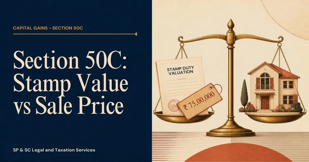 Cover for "Section 50C": illustration of a balance scale weighing a stamp duty valuation against a house