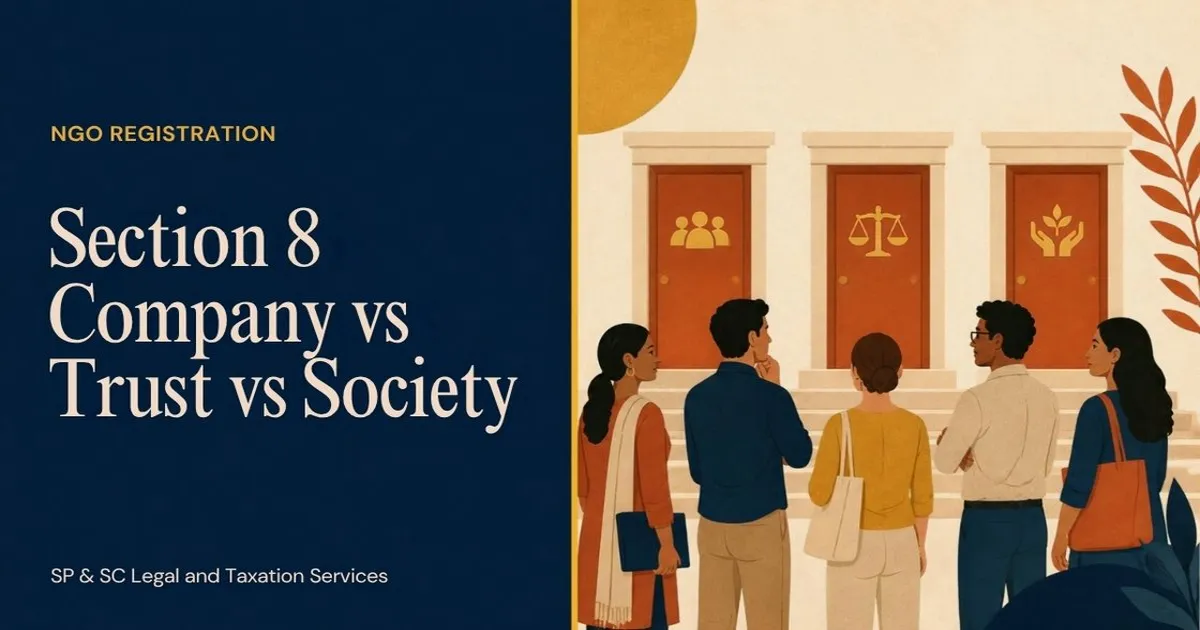 Cover: Section 8 company vs trust vs society for NGOs, volunteers choosing between three doors