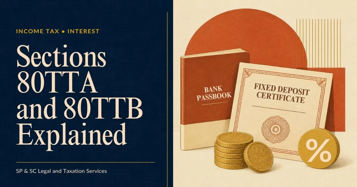 Cover for "Section 80TTA and 80TTB": illustration of a bank passbook, a fixed deposit certificate and coins with a percentage sign